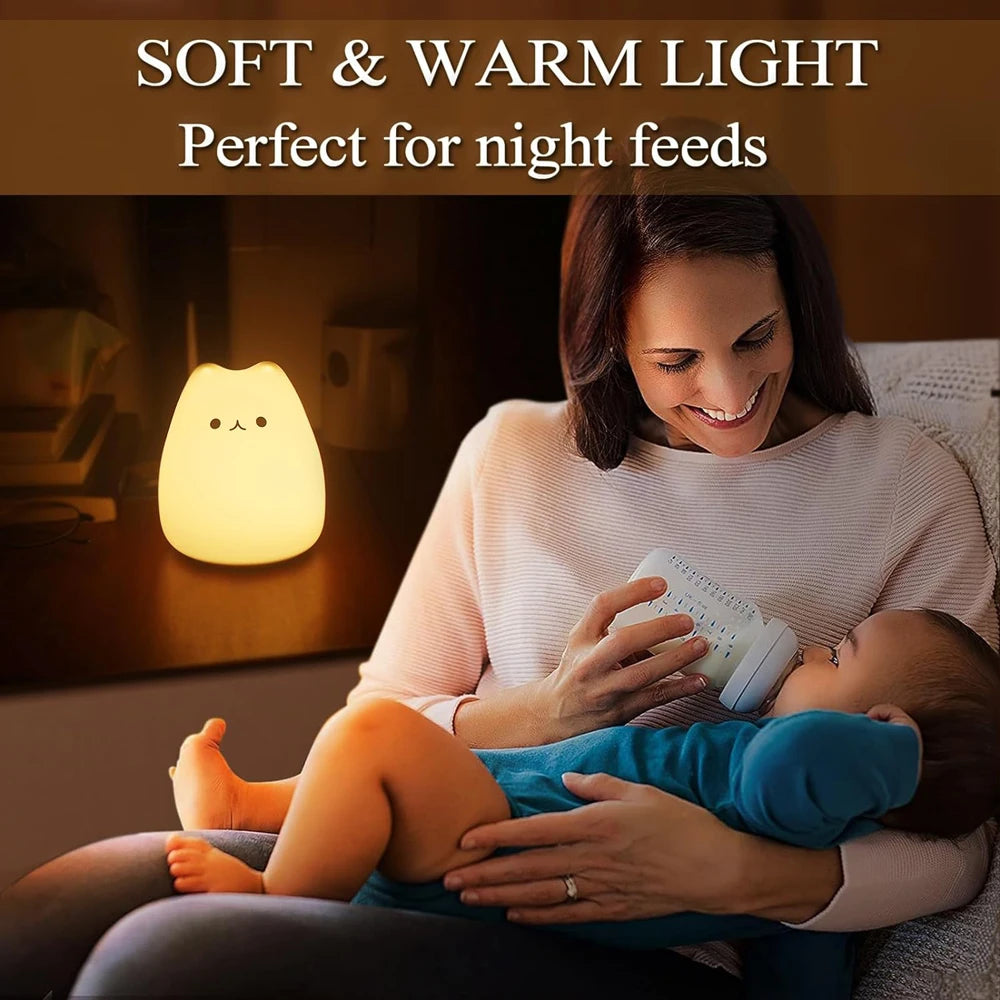 Cute Cat LED Night Light – Soft Silicone Kawaii Kitty Lamp