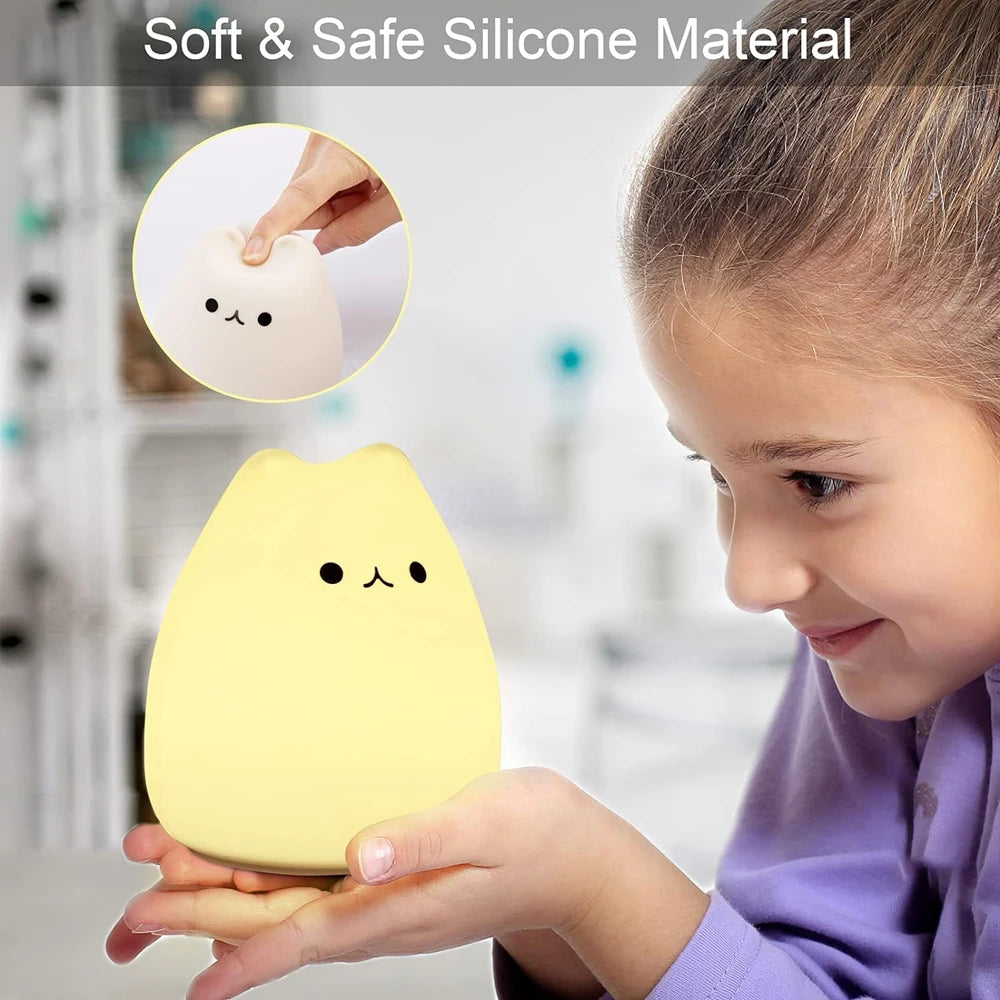 Cute Cat LED Night Light – Soft Silicone Kawaii Kitty Lamp