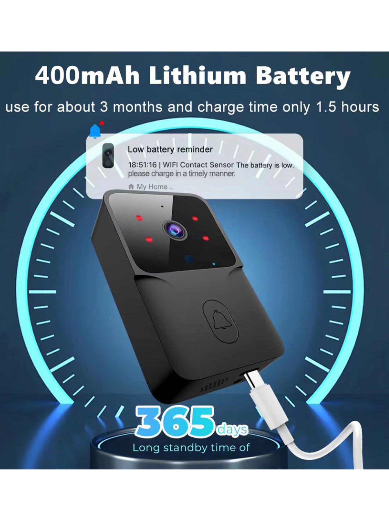 Smart WiFi Video Doorbell – Rechargeable HD Camera with Night Vision & Intercom