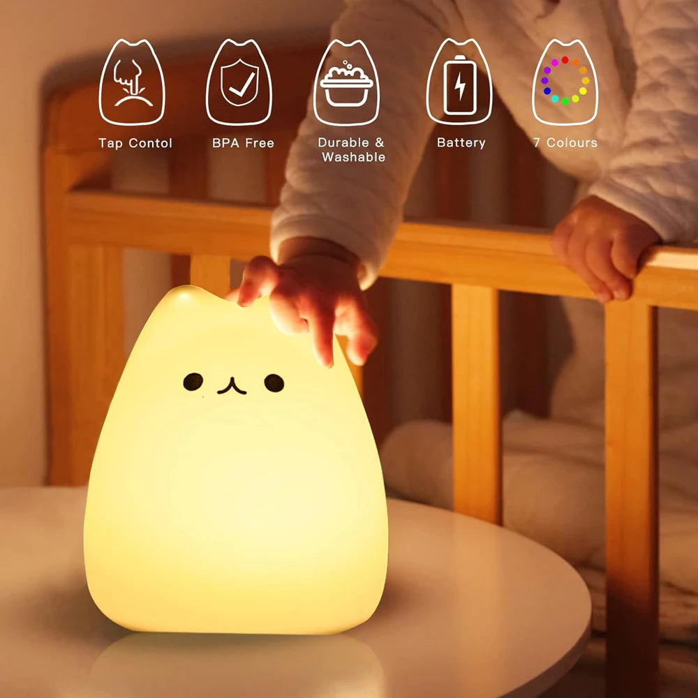 Cute Cat LED Night Light – Soft Silicone Kawaii Kitty Lamp