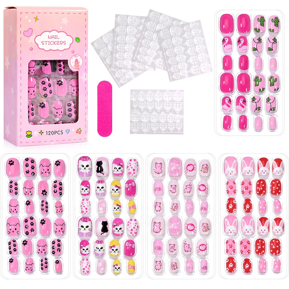 120Pcs Kids Cartoon Press-On Acrylic Nails with Jelly Glue