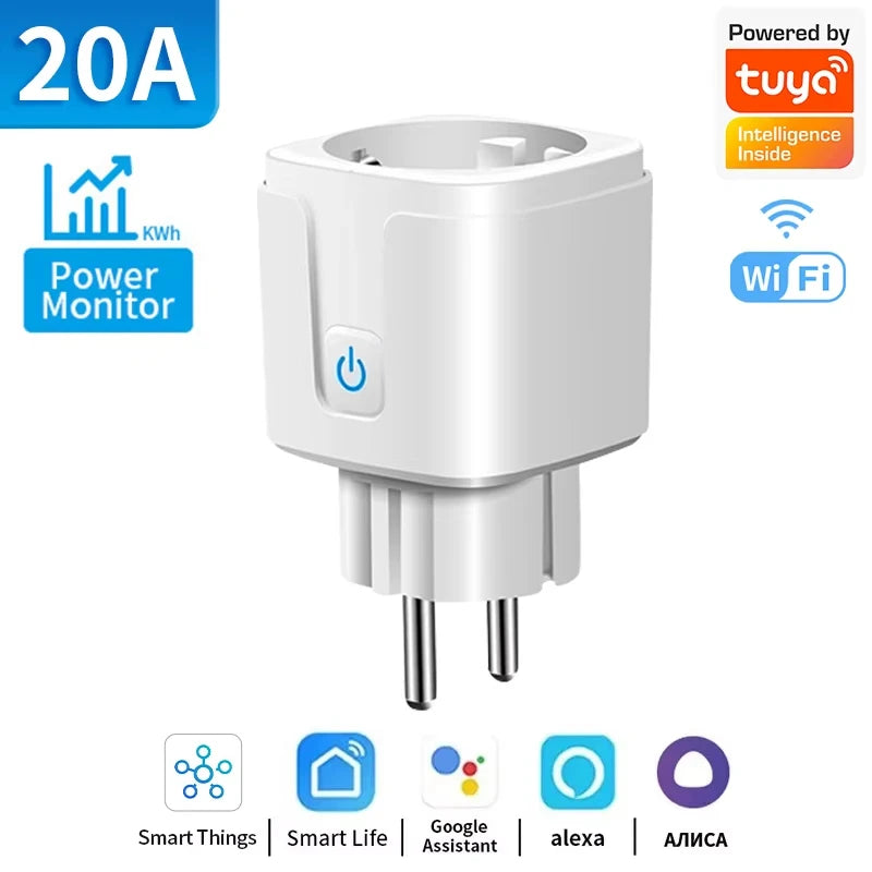 EU Tuya WiFi Smart Plug – 16A/20A Socket with Power Monitor & Voice Control
