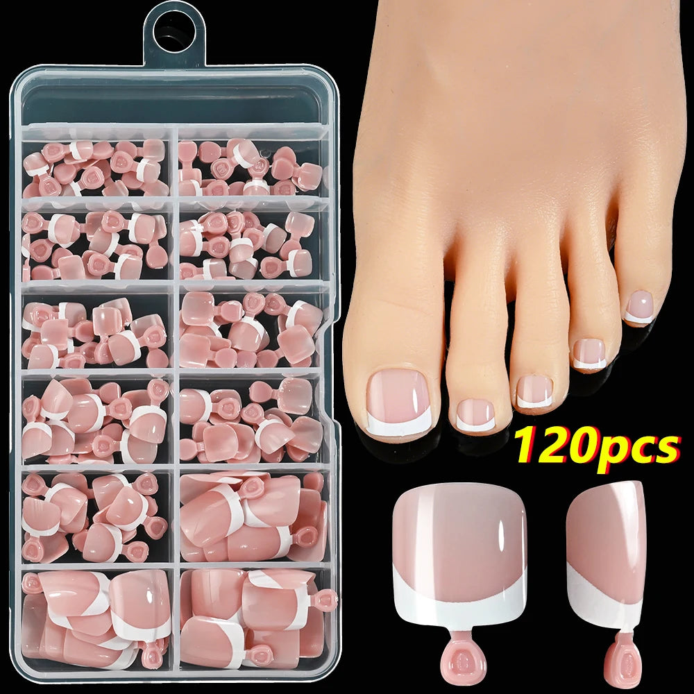 120Pcs French Short Square Nude Pink Press-On Toenails