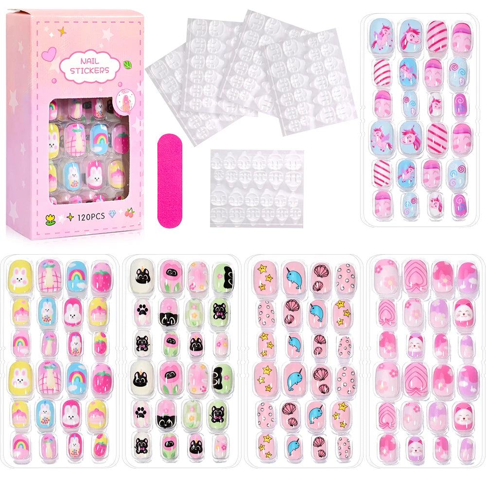 120Pcs Kids Cartoon Press-On Acrylic Nails with Jelly Glue