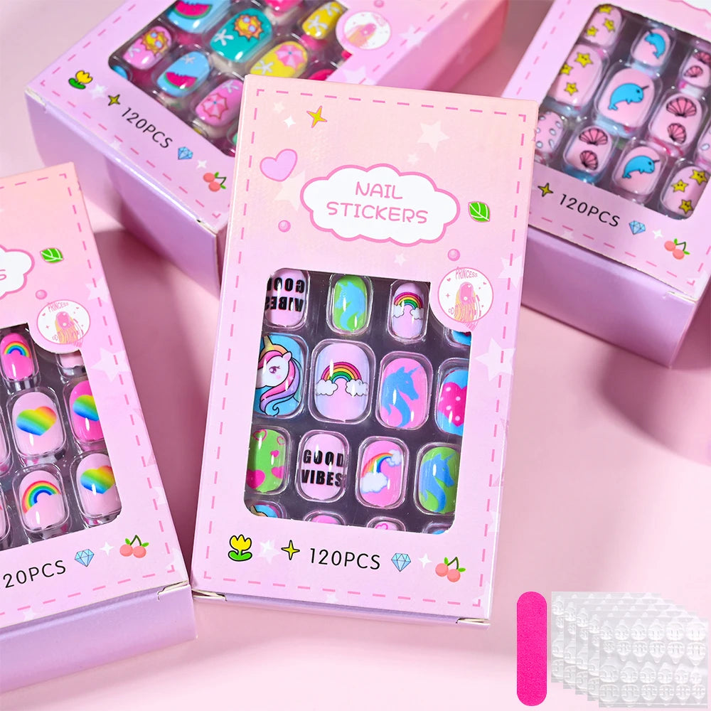 120Pcs Kids Cartoon Press-On Acrylic Nails with Jelly Glue