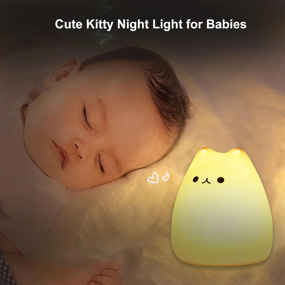 Cute Cat LED Night Light – Soft Silicone Kawaii Kitty Lamp
