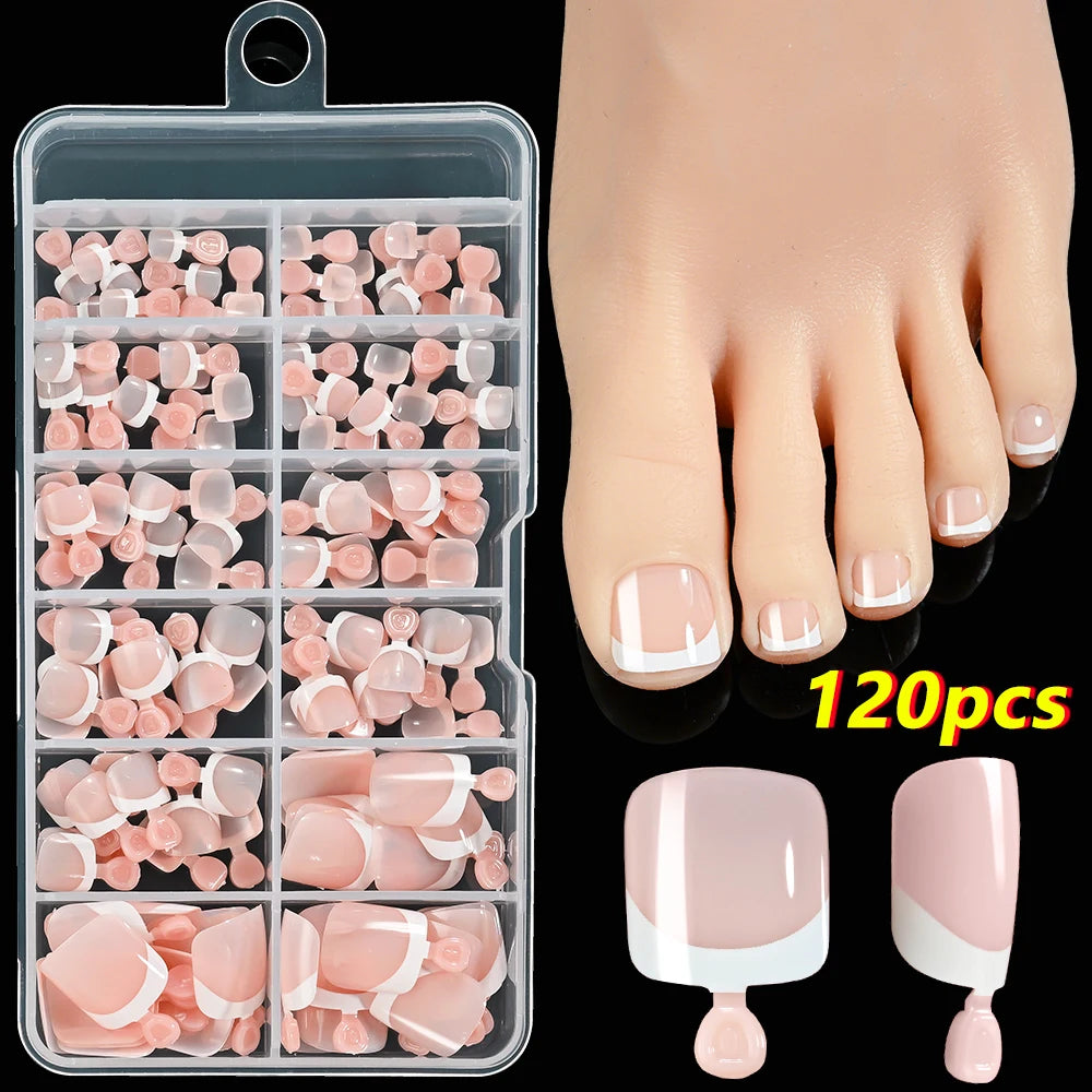120Pcs French Short Square Nude Pink Press-On Toenails