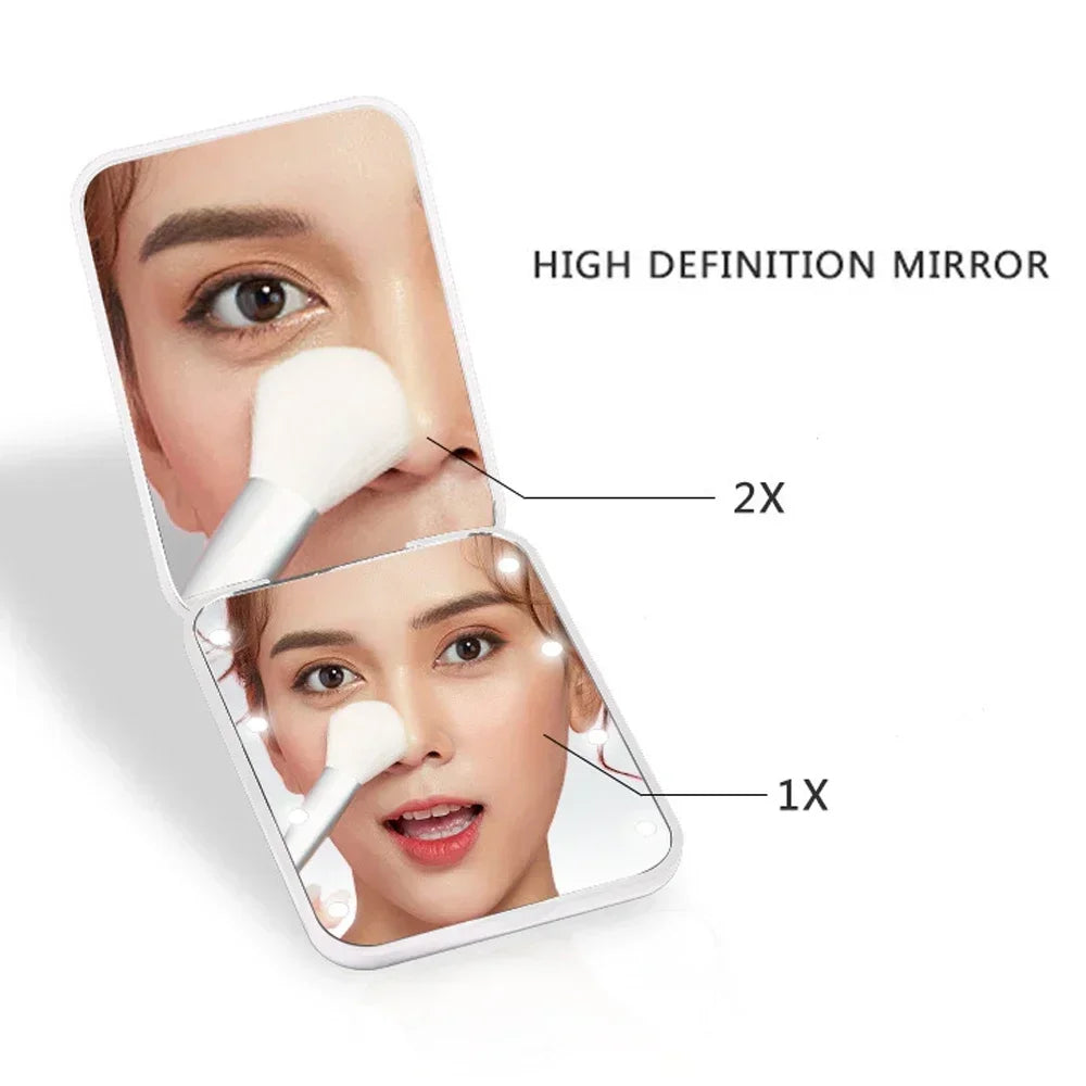 Mini LED Makeup Mirror – Portable Pocket Travel Mirror with 2X Magnification