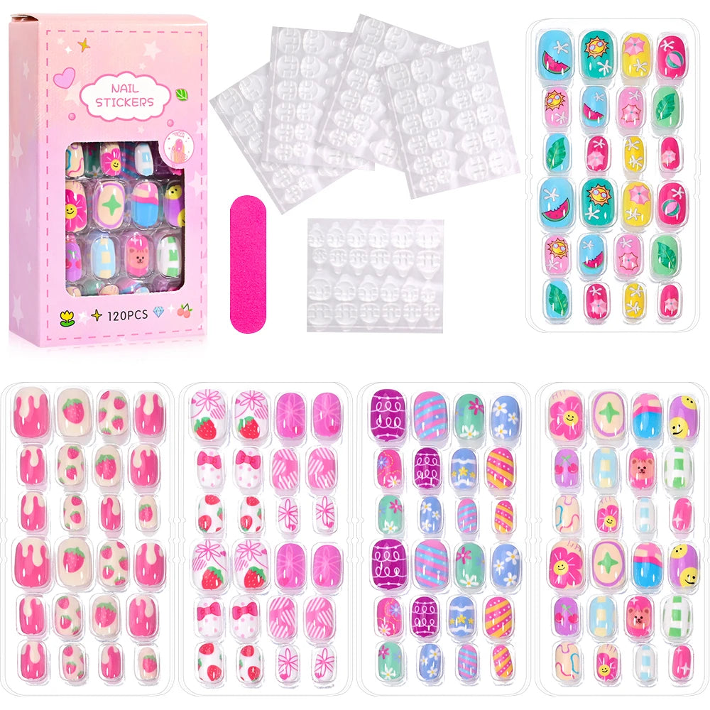 120Pcs Kids Cartoon Press-On Acrylic Nails with Jelly Glue
