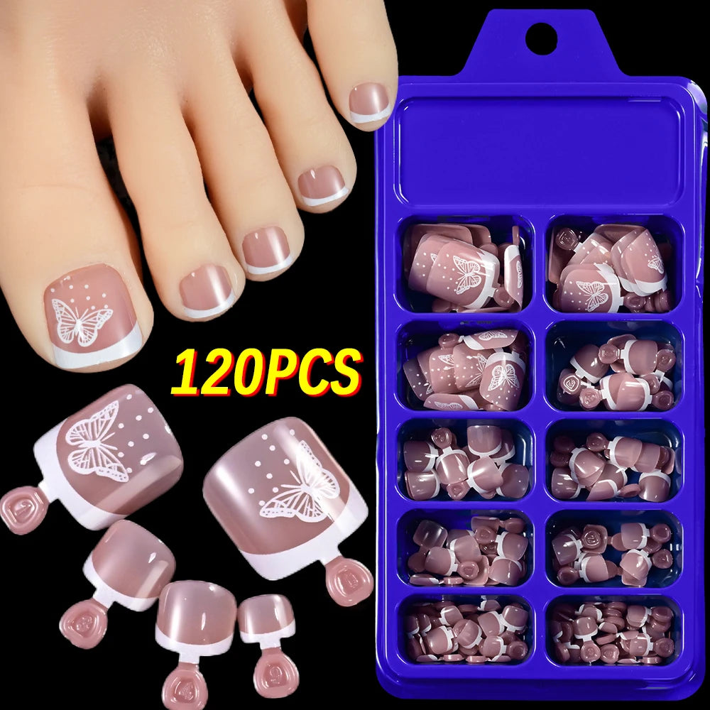 120Pcs French Short Square Nude Pink Press-On Toenails