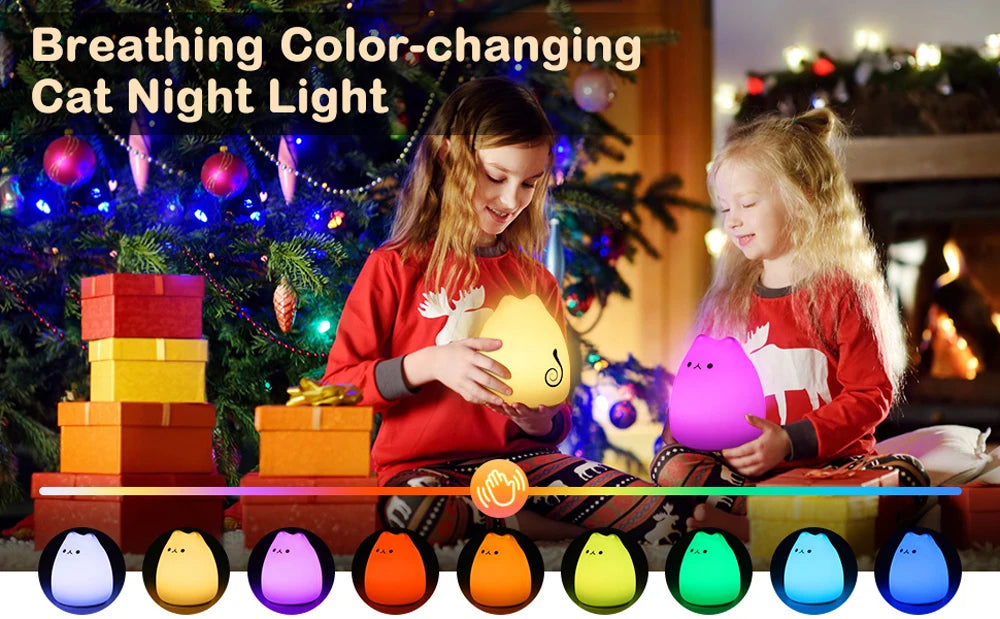 Cute Cat LED Night Light – Soft Silicone Kawaii Kitty Lamp