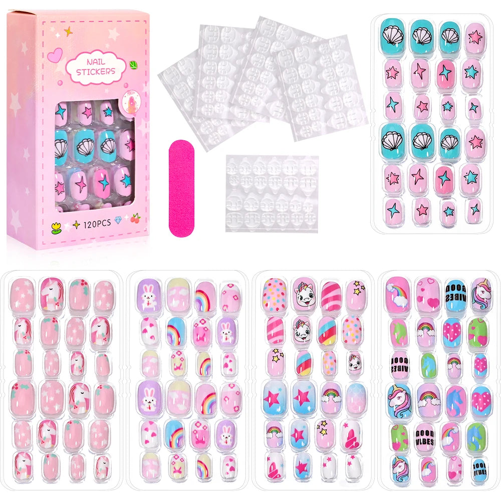 120Pcs Kids Cartoon Press-On Acrylic Nails with Jelly Glue