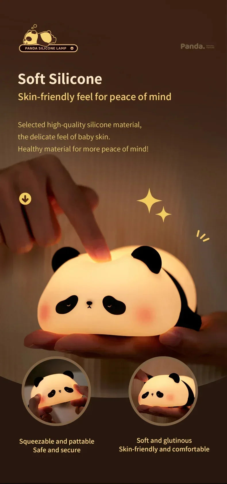 Cute Cartoon Panda LED Night Light – USB Rechargeable Bedside Lamp