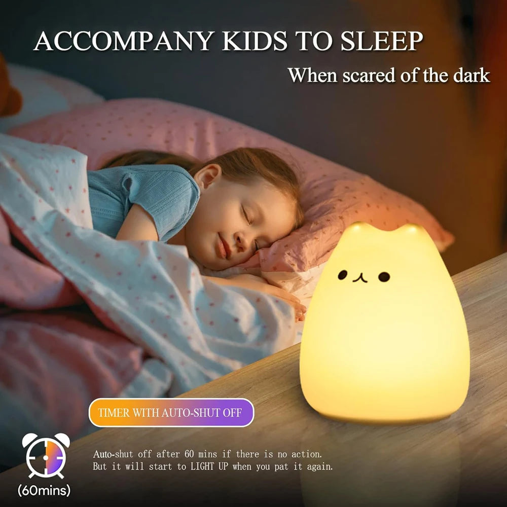 Cute Cat LED Night Light – Soft Silicone Kawaii Kitty Lamp