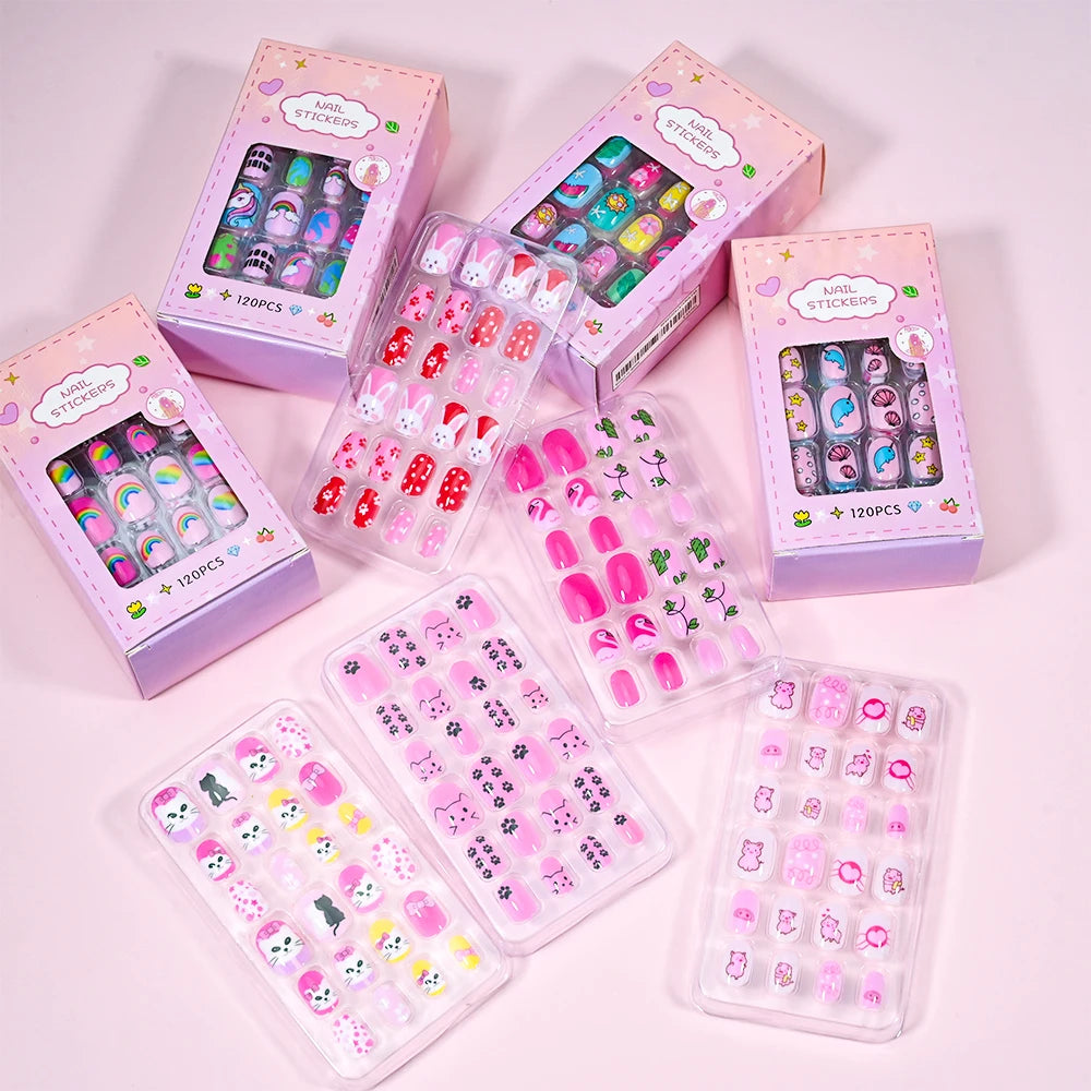 120Pcs Kids Cartoon Press-On Acrylic Nails with Jelly Glue