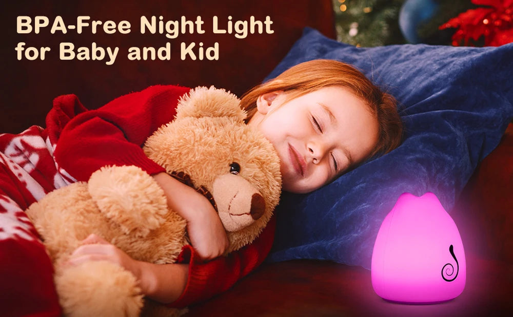 Cute Cat LED Night Light – Soft Silicone Kawaii Kitty Lamp