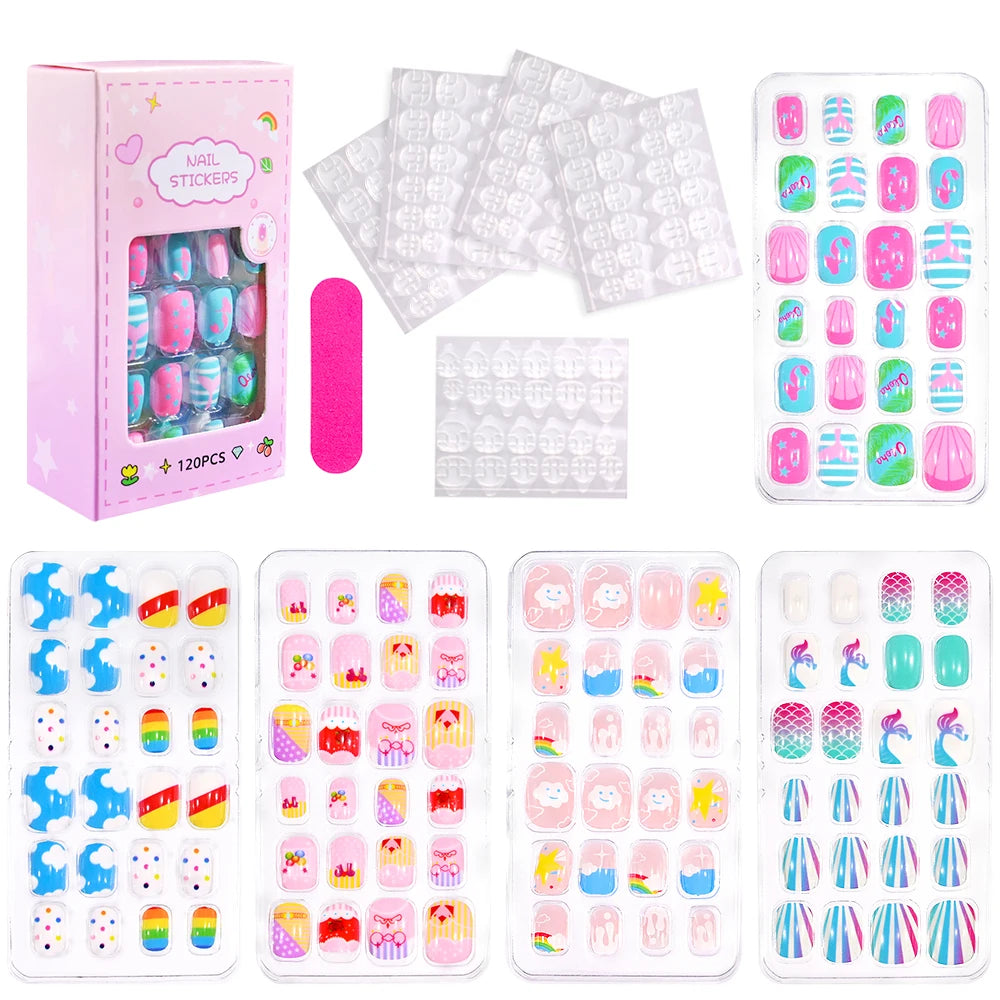 120Pcs Kids Cartoon Press-On Acrylic Nails with Jelly Glue