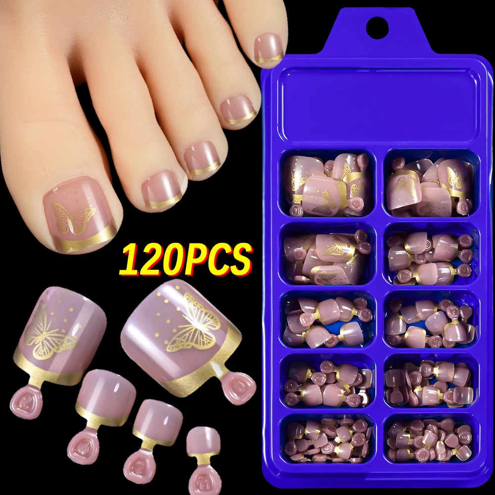 120Pcs French Short Square Nude Pink Press-On Toenails