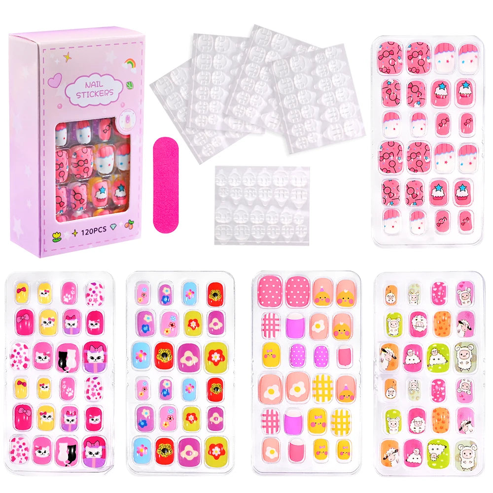 120Pcs Kids Cartoon Press-On Acrylic Nails with Jelly Glue