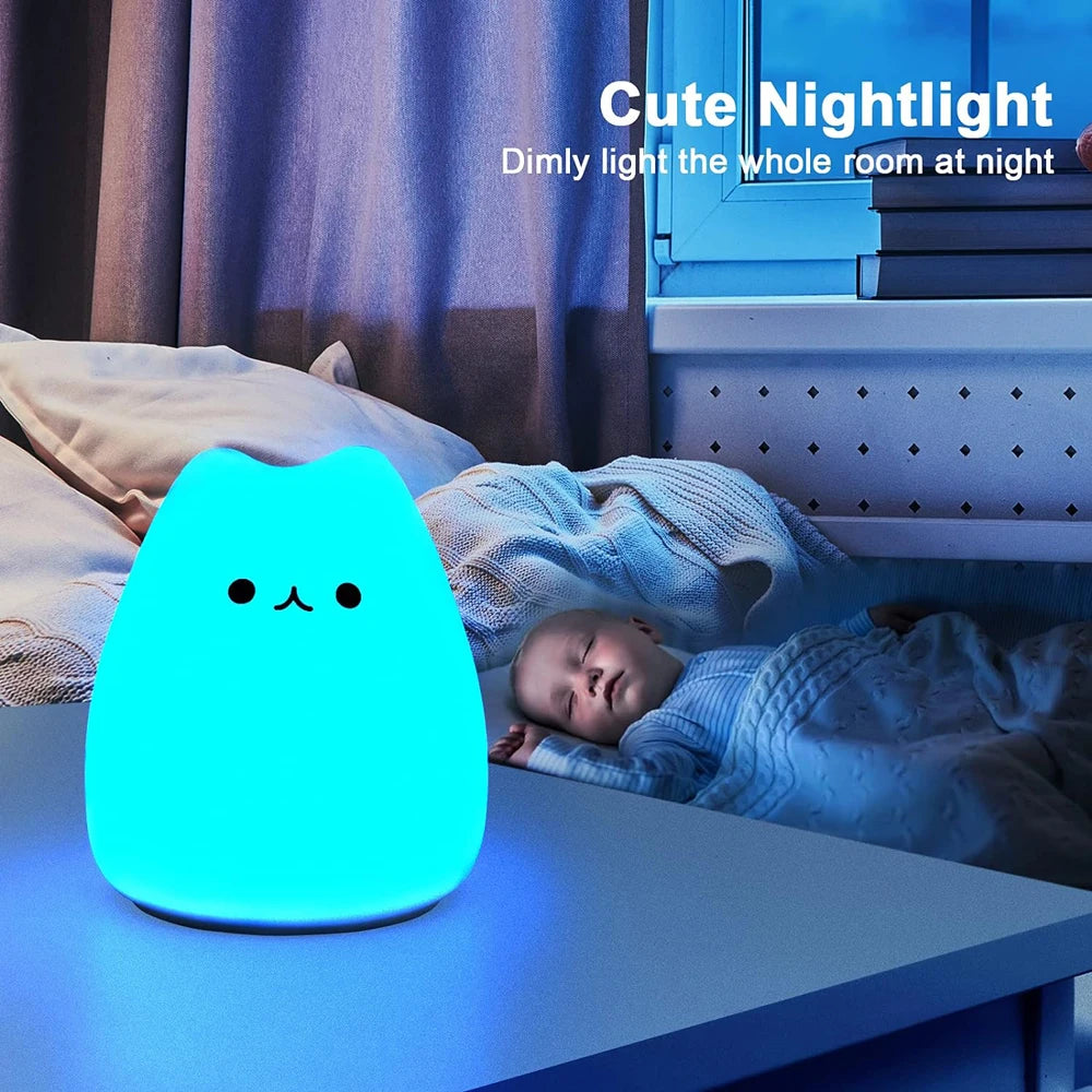 Cute Cat LED Night Light – Soft Silicone Kawaii Kitty Lamp