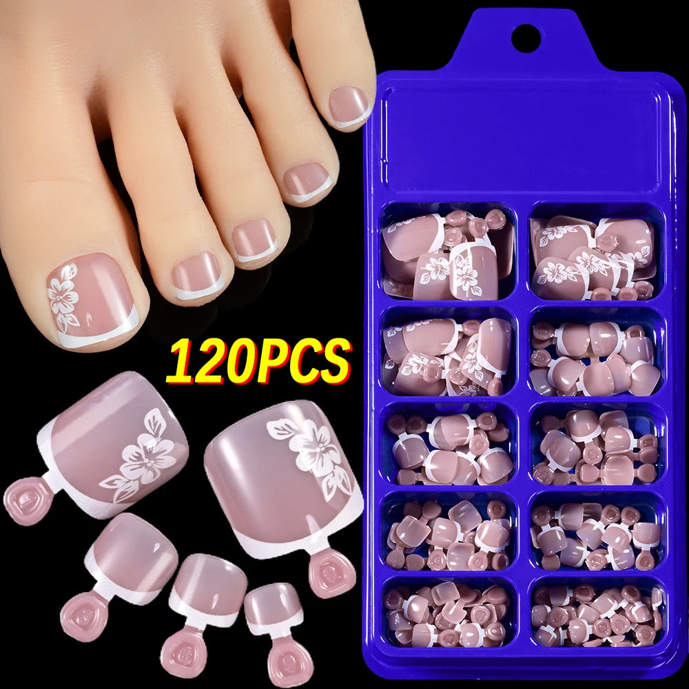 120Pcs French Short Square Nude Pink Press-On Toenails