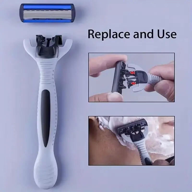 Men's 6-Layer Manual Safety Razor – Stainless Steel with Replaceable Head