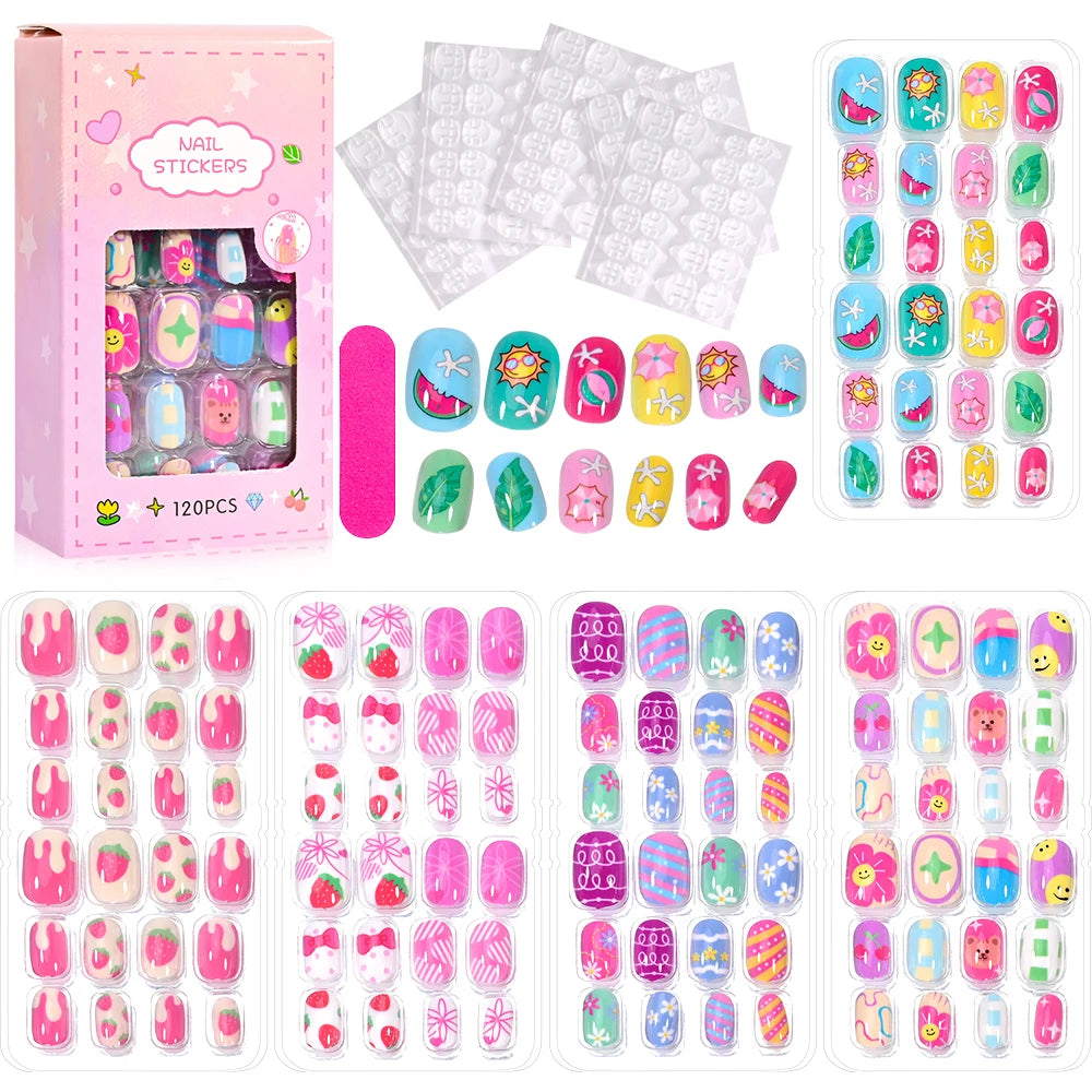 120Pcs Kids Cartoon Press-On Acrylic Nails with Jelly Glue
