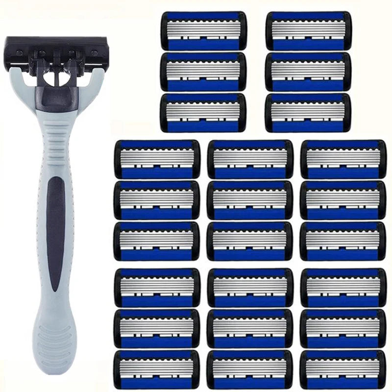 Men's 6-Layer Manual Safety Razor – Stainless Steel with Replaceable Head