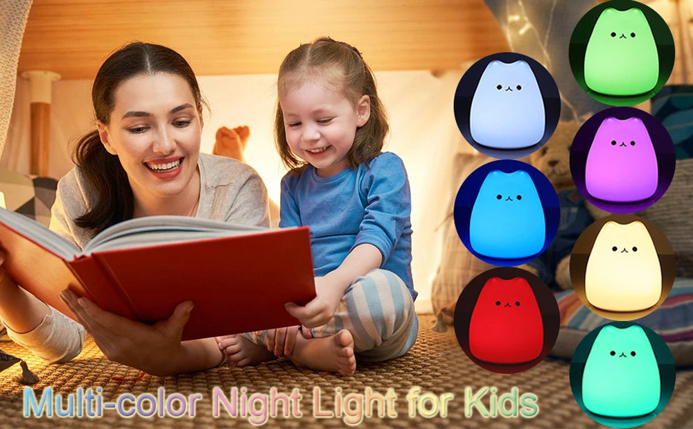 Cute Cat LED Night Light – Soft Silicone Kawaii Kitty Lamp