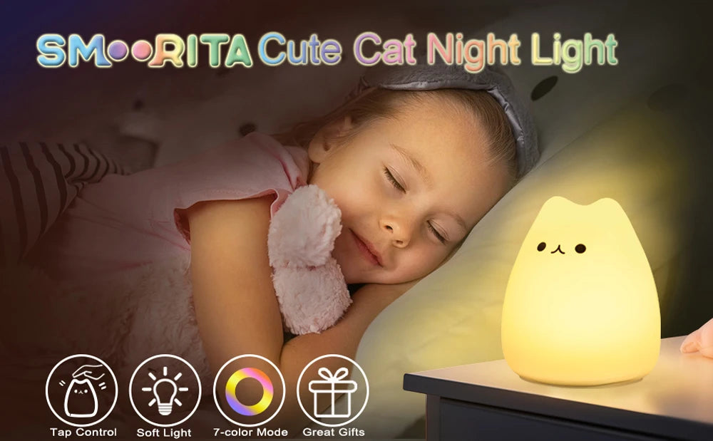 Cute Cat LED Night Light – Soft Silicone Kawaii Kitty Lamp