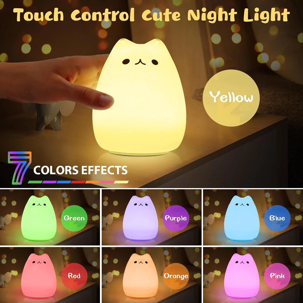 Cute Cat LED Night Light – Soft Silicone Kawaii Kitty Lamp