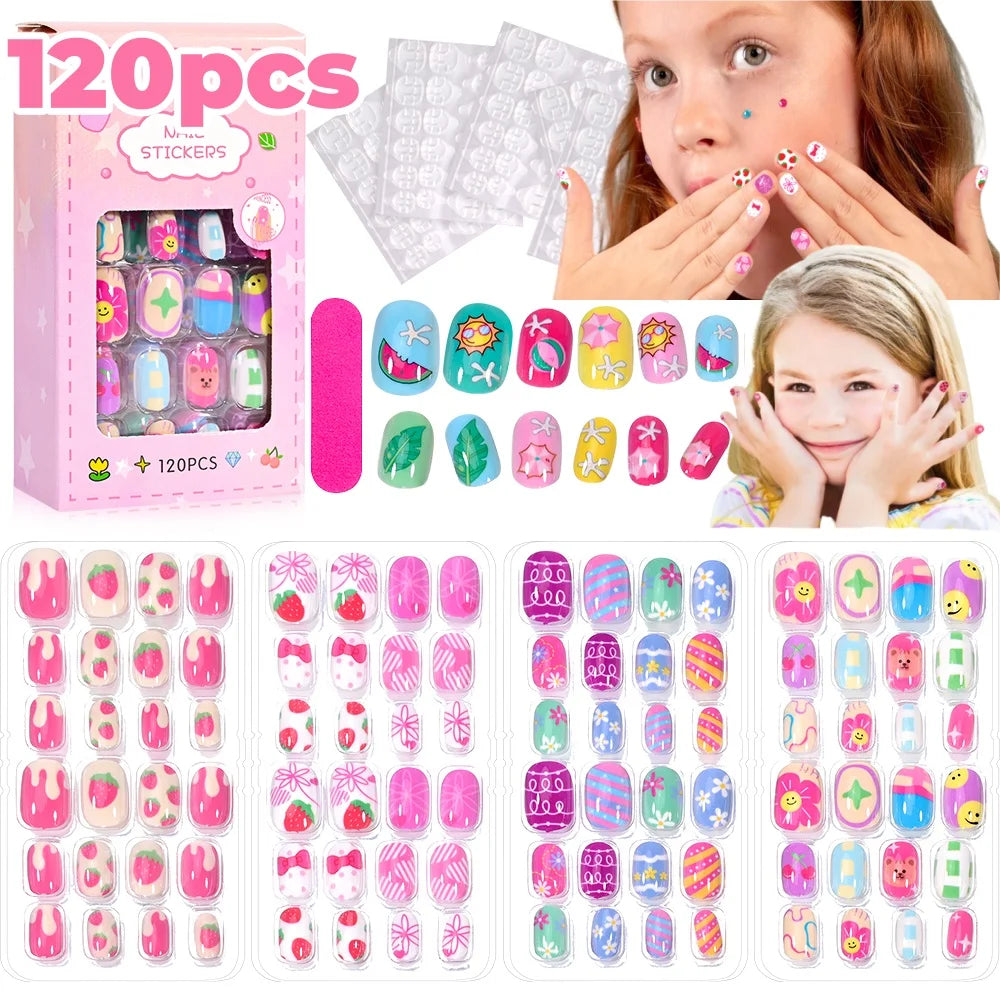 120Pcs Kids Cartoon Press-On Acrylic Nails with Jelly Glue