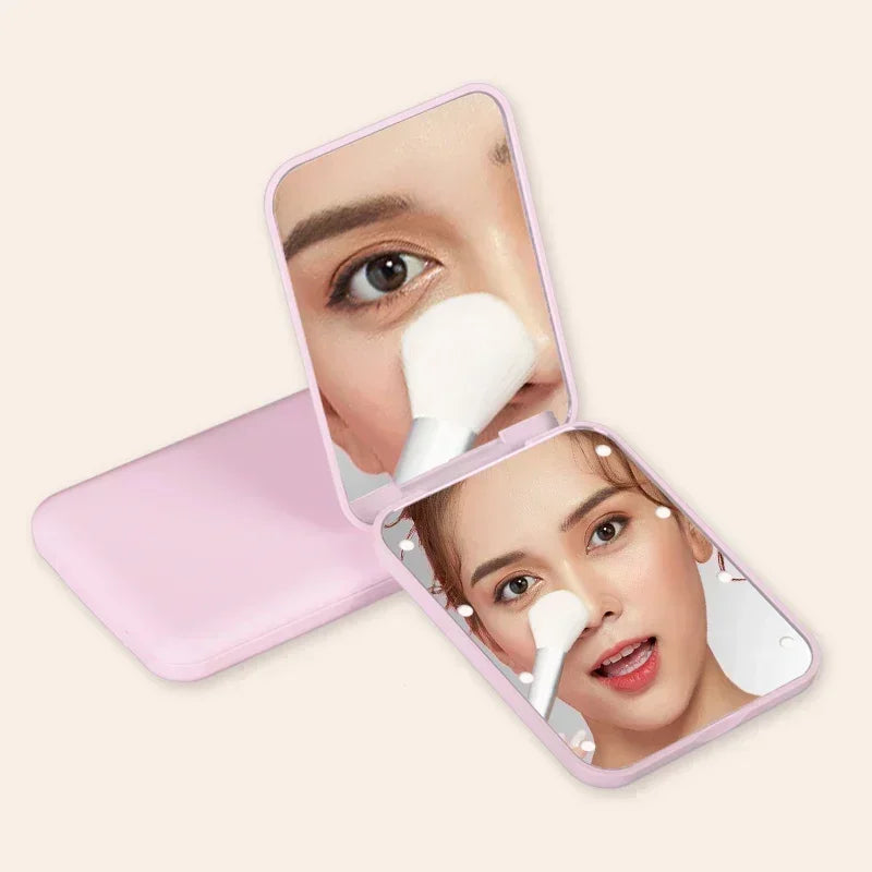 Mini LED Makeup Mirror – Portable Pocket Travel Mirror with 2X Magnification