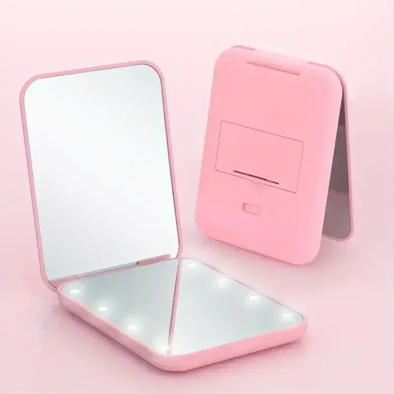 Mini LED Makeup Mirror – Portable Pocket Travel Mirror with 2X Magnification