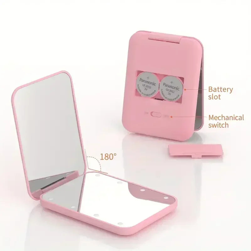 Mini LED Makeup Mirror – Portable Pocket Travel Mirror with 2X Magnification