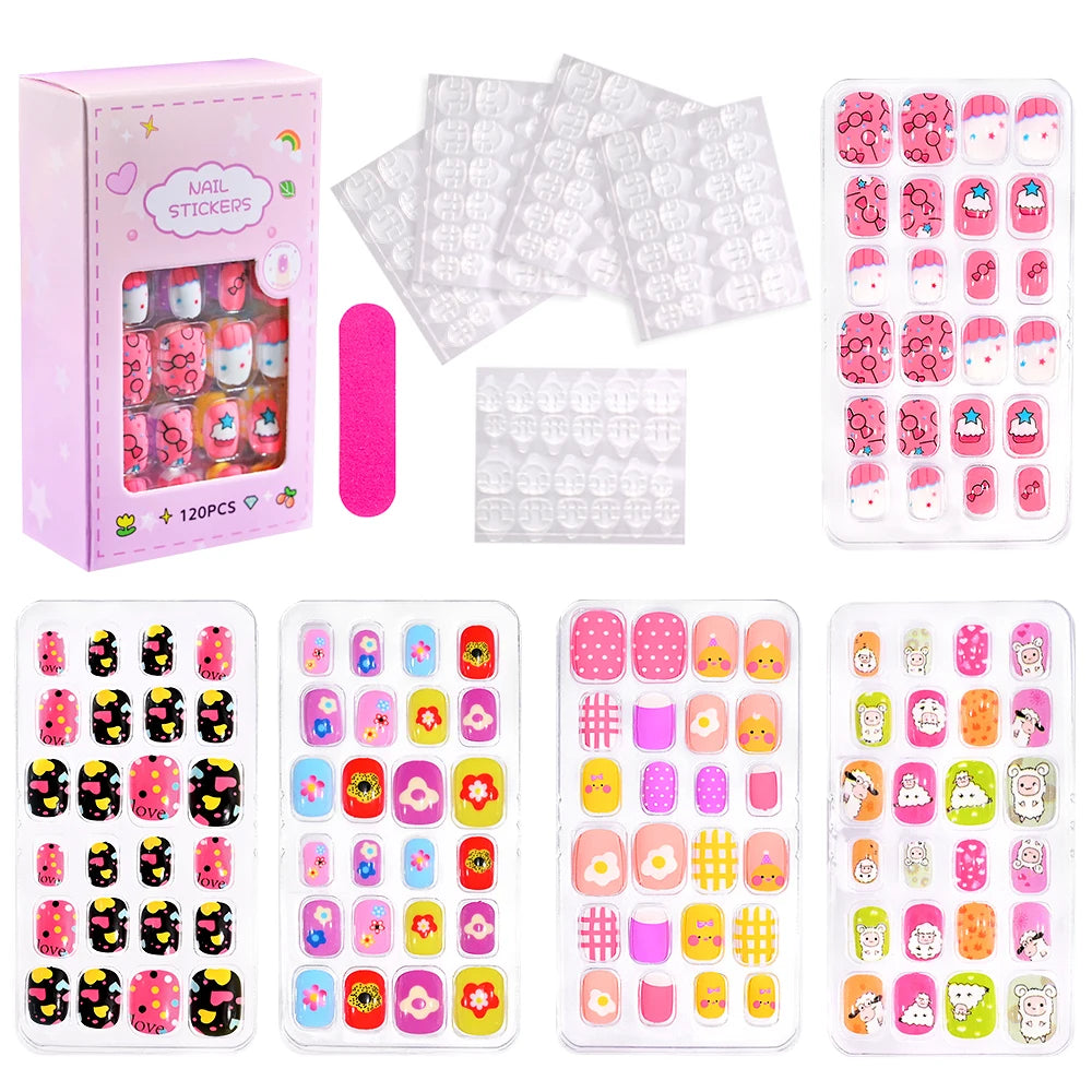 120Pcs Kids Cartoon Press-On Acrylic Nails with Jelly Glue