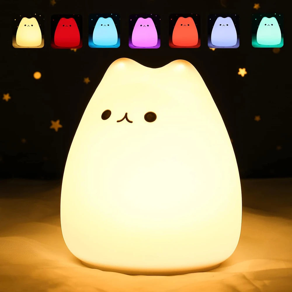 Cute Cat LED Night Light – Soft Silicone Kawaii Kitty Lamp
