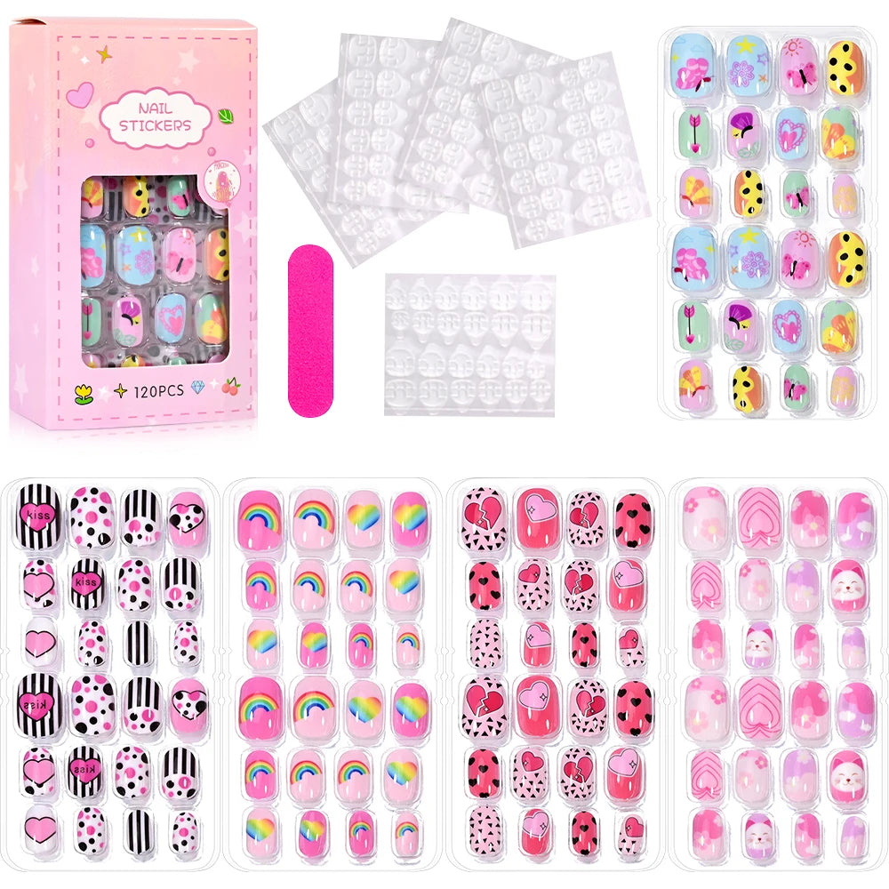 120Pcs Kids Cartoon Press-On Acrylic Nails with Jelly Glue
