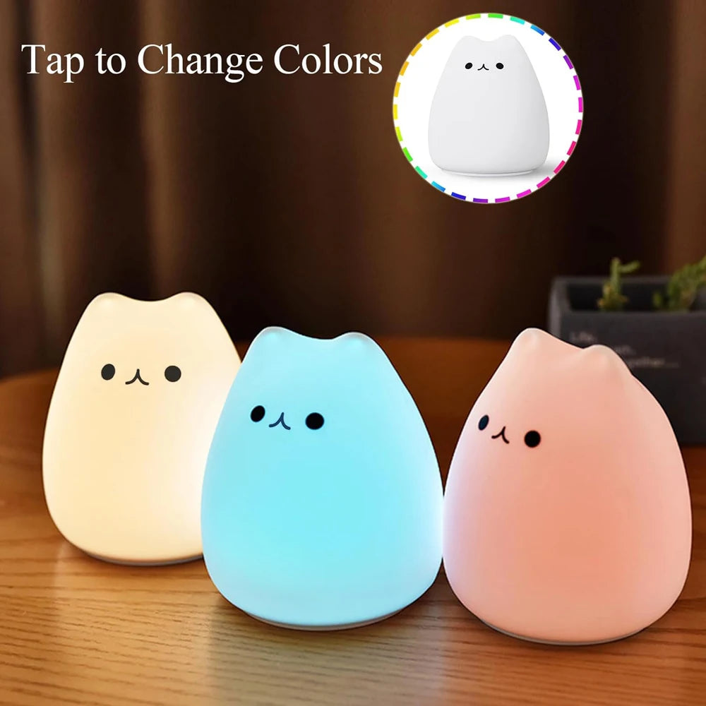 Cute Cat LED Night Light – Soft Silicone Kawaii Kitty Lamp