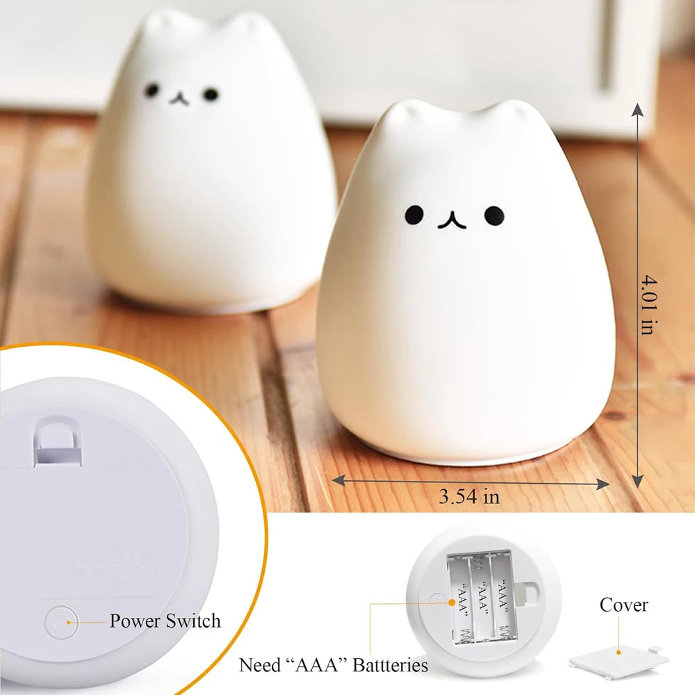Cute Cat LED Night Light – Soft Silicone Kawaii Kitty Lamp