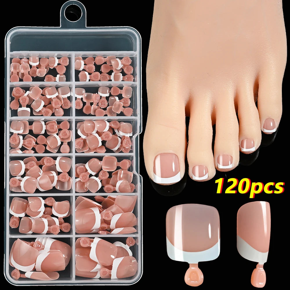 120Pcs French Short Square Nude Pink Press-On Toenails